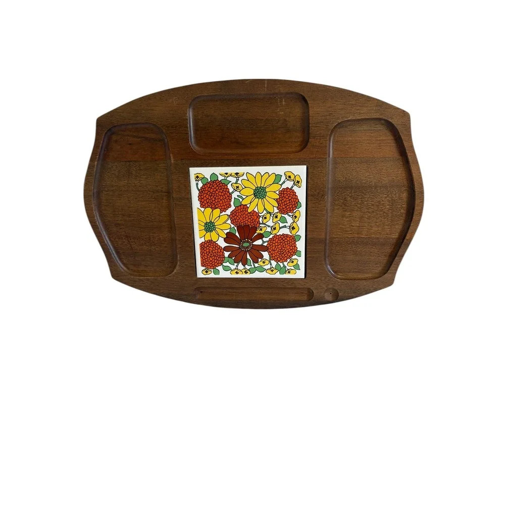 Vintage 1970s Gail Craft Wood Cheese Board Charcuterie Tray‎ Floral Tile MCM